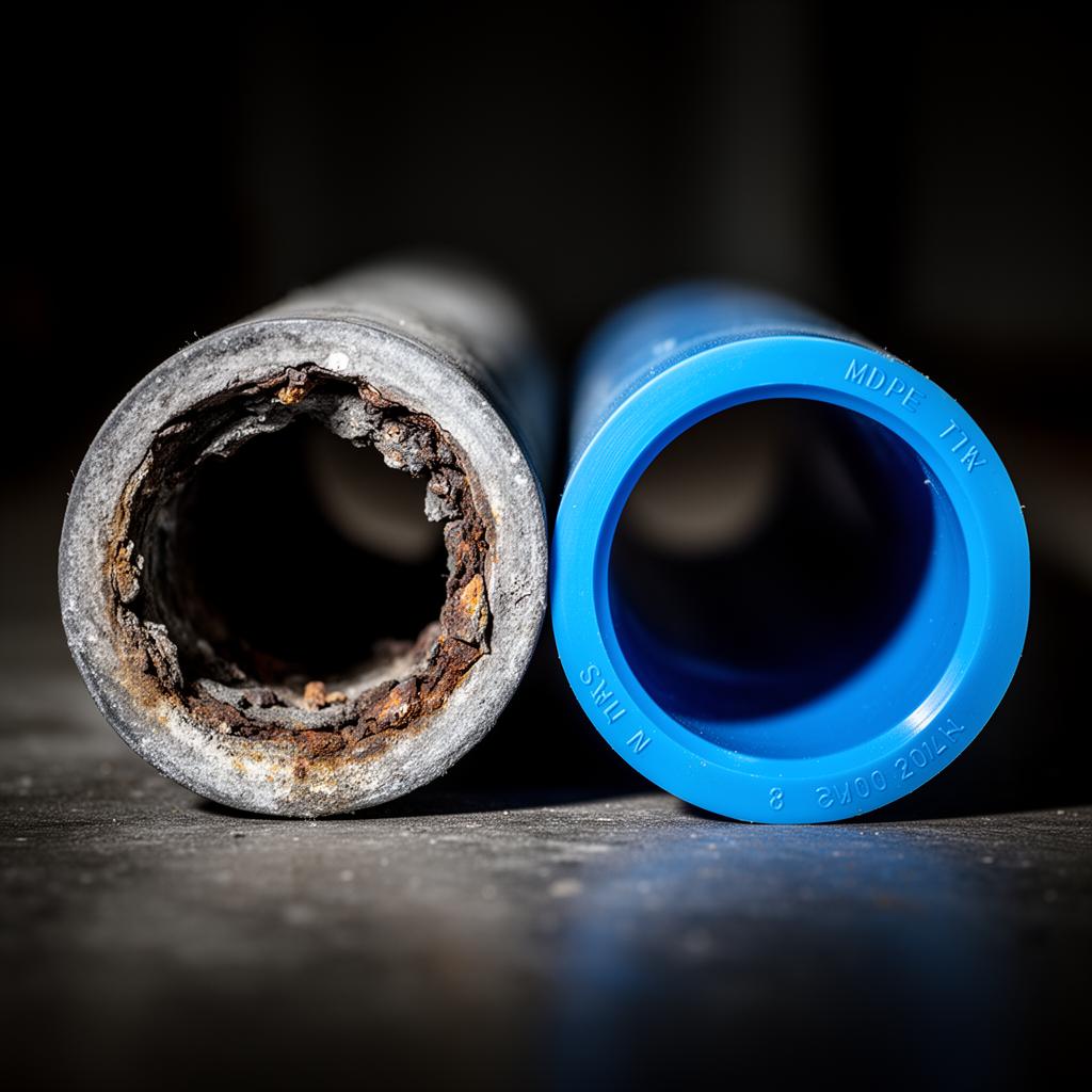 Engineer installing a blue MDPE water supply pipe